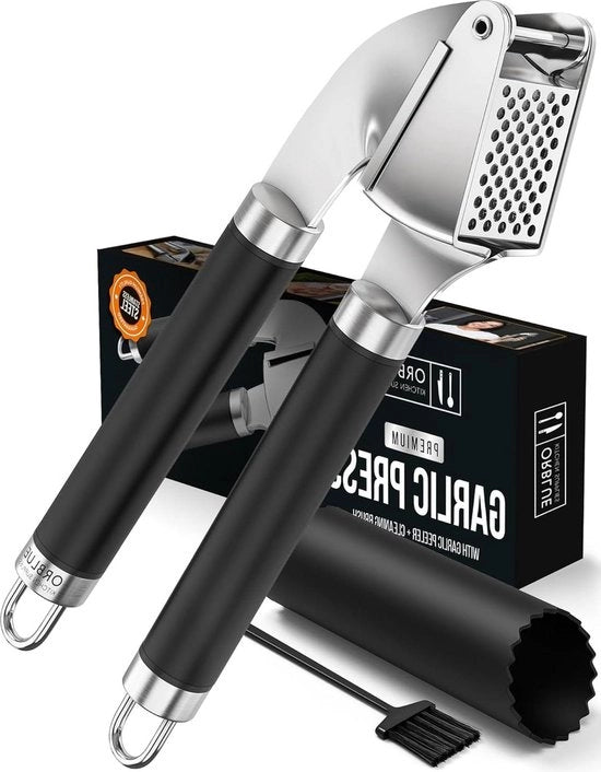Set di Minatore e Schiacciatore d'Alio in Acciaio Inox - Qualità Professionale Premium - Facile da Pulire e Resistentente al Lavastoviglie - Resistentente all'Ossidazione in Acciaio Nero.