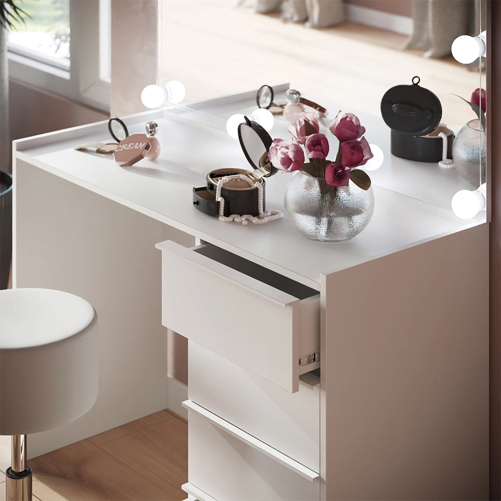 Vicco Tavolo da toeletta Bianco 110 cm con specchio, sgabello e illuminazione a LED