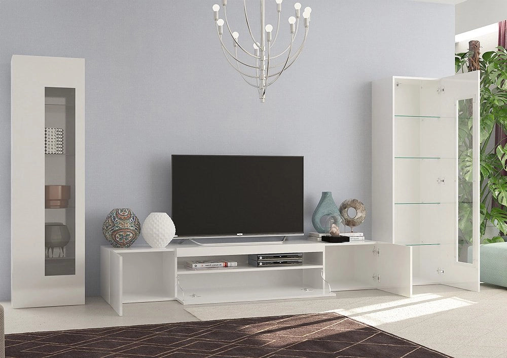Parete attrezzata da soggiorno Aslhey, Made in Italy, Mobile porta TV, Set salotto moderno, cm 300x40h162, Bianco lucido
