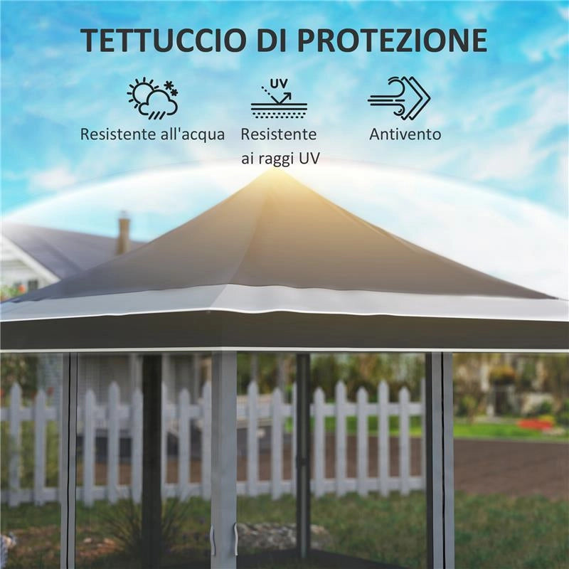 GAZEBO DA GIARDINO AD ALTEZZA REGOLABILE CON ZANZARIERA IN POLIESTERE E METALLO 357X357X310 CM GRIGIO SCURO