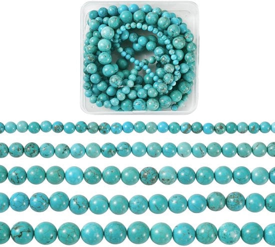 Collezione di Pietre Dure Naturali Turquesa - 4mm/6mm/8mm/10mm - Set di Perle - Creazione di Gioielli - Circa 284 Pezzi - Contenitore di Confezione in Plastica