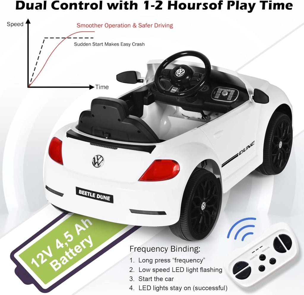 Macchina Elettrica per Bambini Volkswagen Beetle Maggiolino 12V con Telecomando, Auto Elettrico a Pedale, Veicoli con Musica, Fari LED e Clacson, 3-5km/h, Carico 30 kg, 3-8 Anni (Bianco)