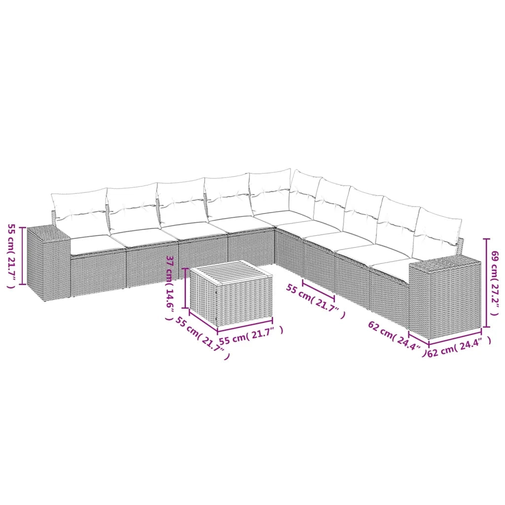 Set Divano da Giardino 10 pz con Cuscini Beige in Polyrattan