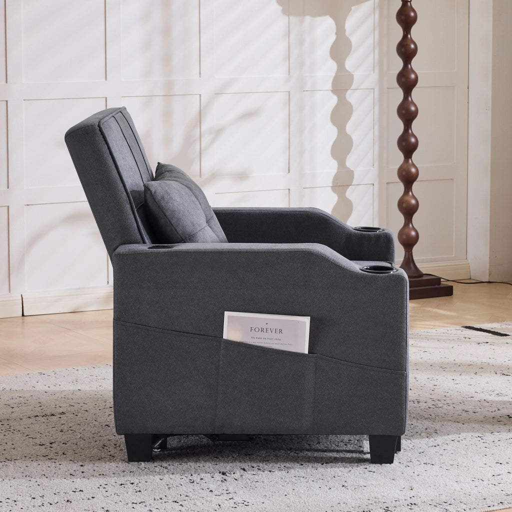 Poltrona letto 3 in 1 con schienale regolabile, porta USB, porta bicchieri e tasca laterale, grigio scuro 74 × 87 × 84 cm