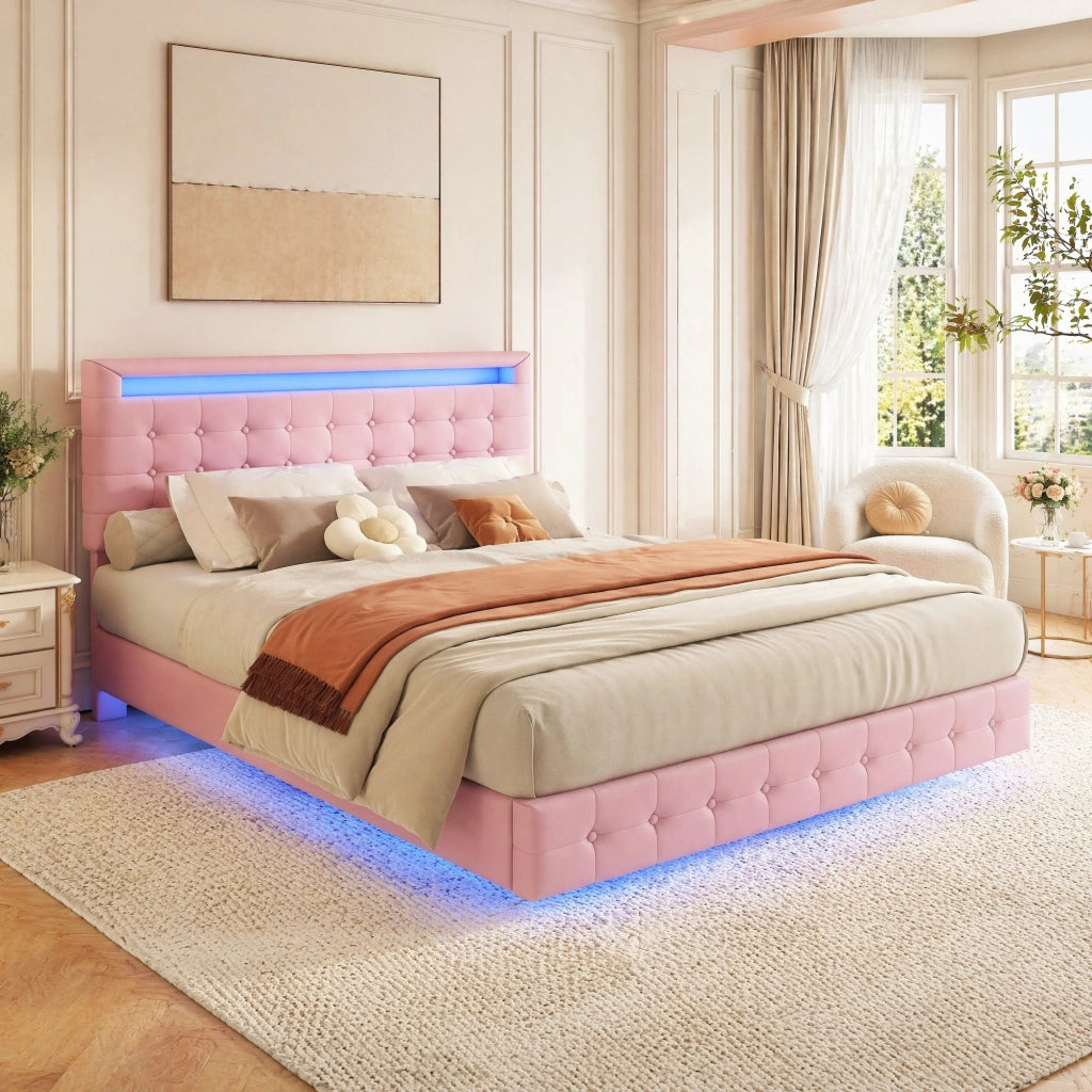 LETTO fluttuante 140x200 cm PU rosa con LED e testiera regolabile