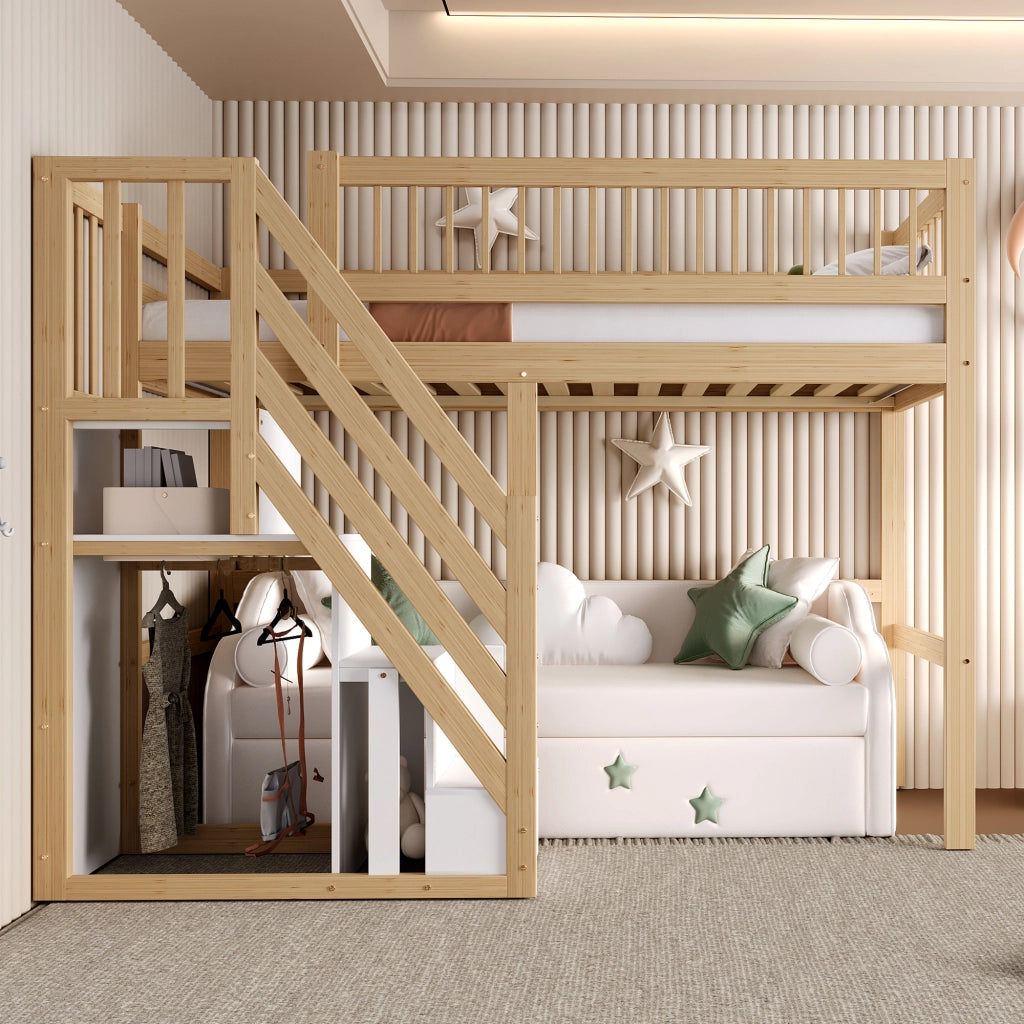 Letto singolo in legno massello naturale con scala e contenitori integrati 90x200 cm