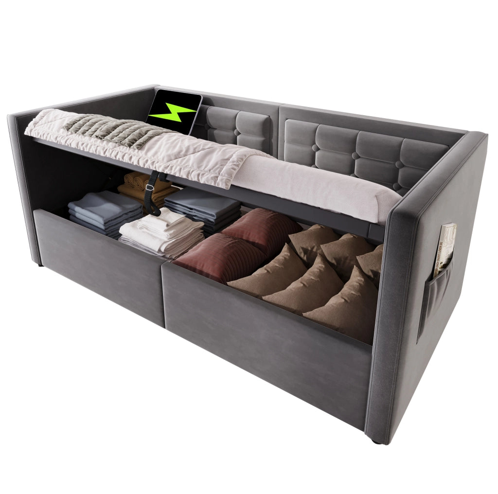 Divano letto con vano contenitore, ricarica USB e Type-C, 90x200 cm, grigio