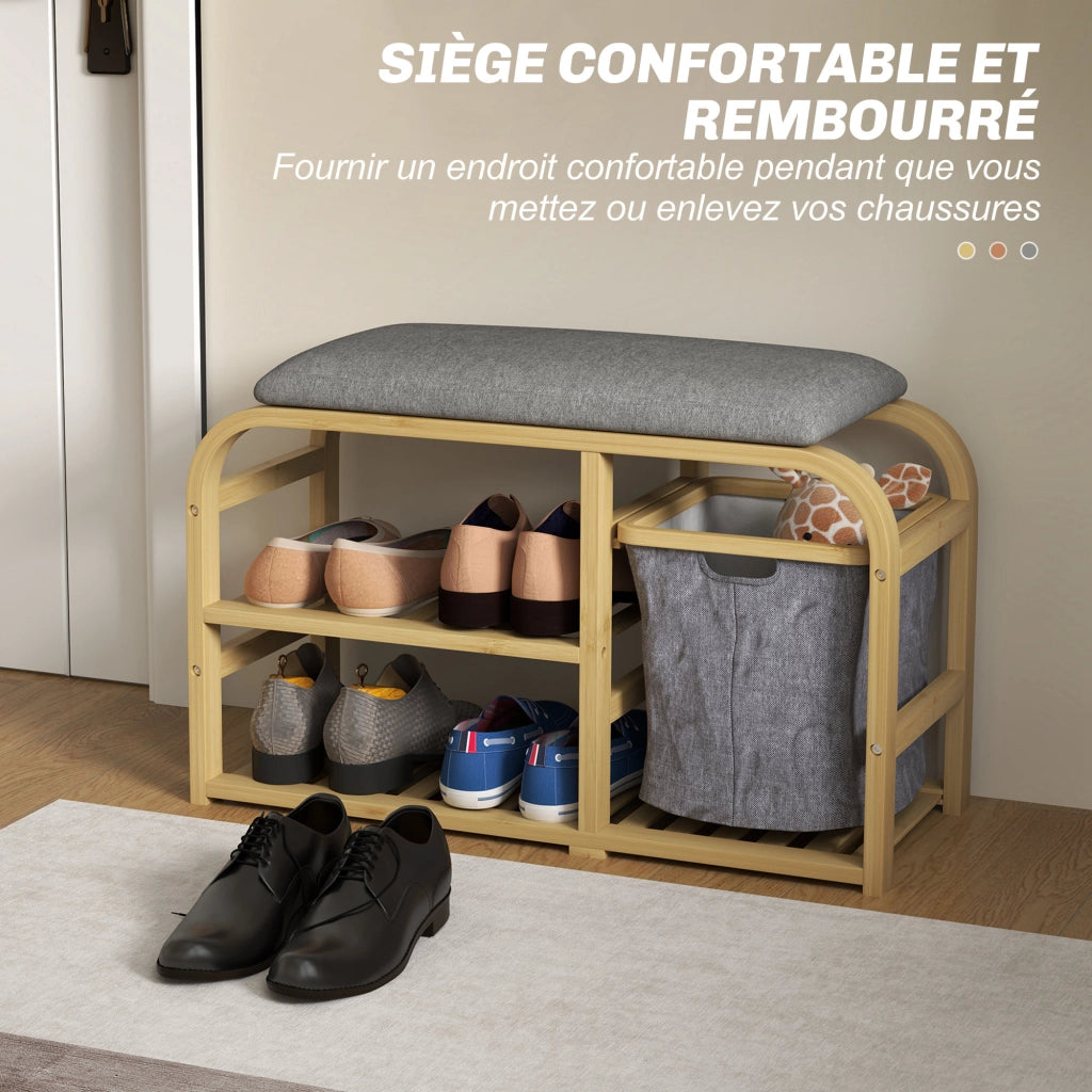 Panca porta scarpe con cuscino, ripiani a doghe e cestino scorrevole ¨C zephmum ¨C legno naturale 70x30x45cm