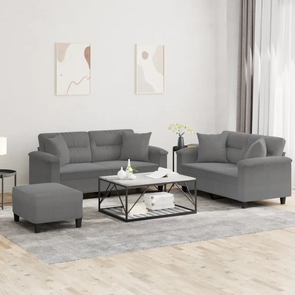 Set Divani 3 pz con Cuscini Grigio Scuro in Tessuto Microfibra