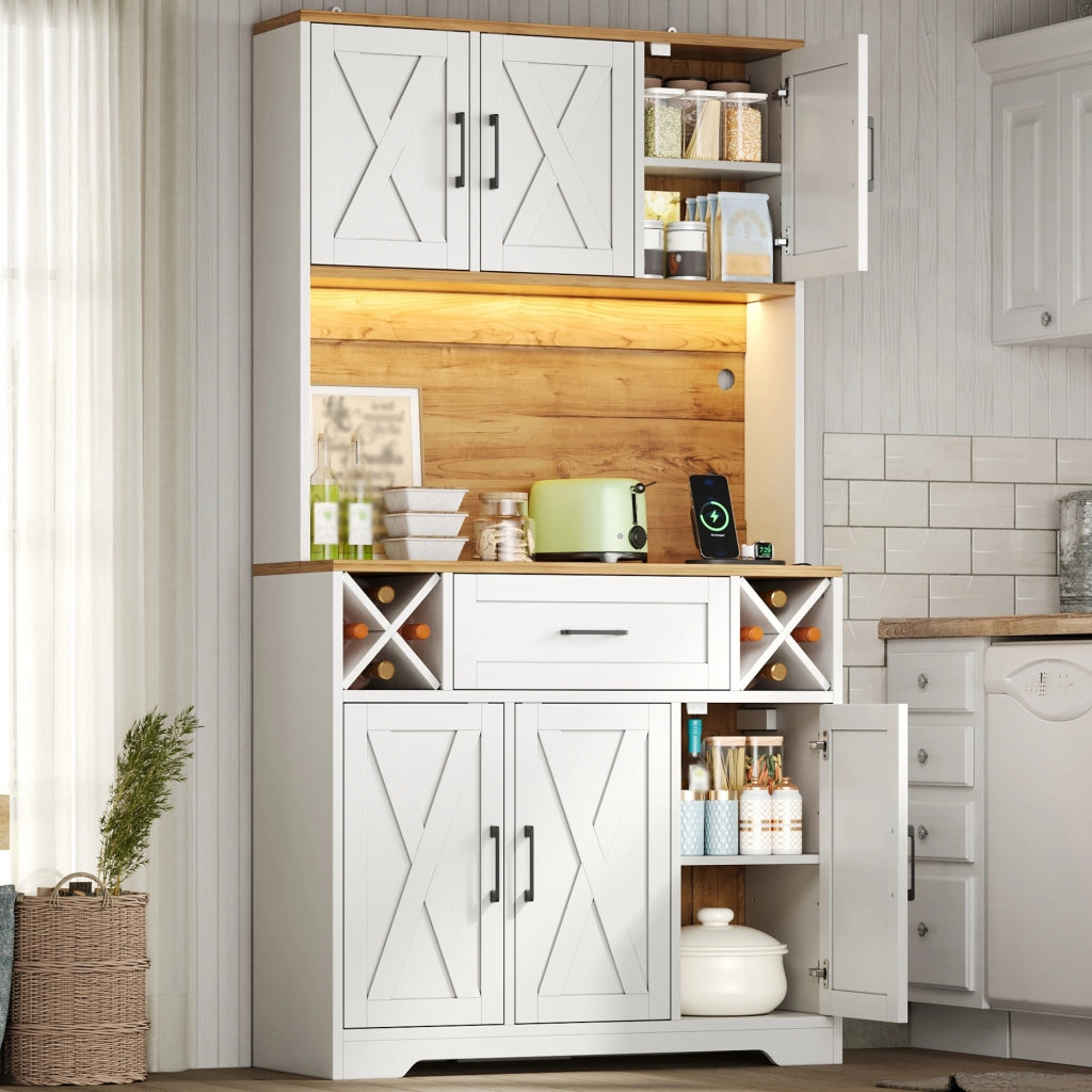 Credenza da cucina alta con LED RGB, prese USB e AC, mobile dispensa con portasigari vino, 105×40×180 cm
