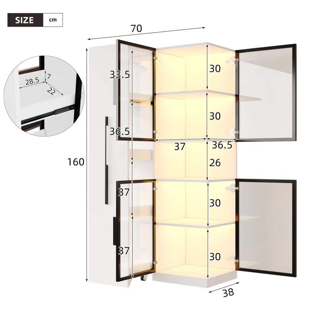 Vetrina 70x38x160 cm con ripiani estraibili e LED multicolore in MDF e vetro bianco