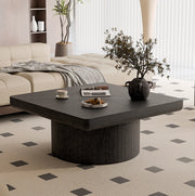 Tavolino da caffè quadrato con piano effetto parquet da 8 cm e base cilindrica; nero