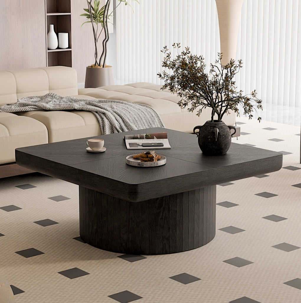 Tavolino da caffè quadrato con piano effetto parquet da 8 cm e base cilindrica; nero