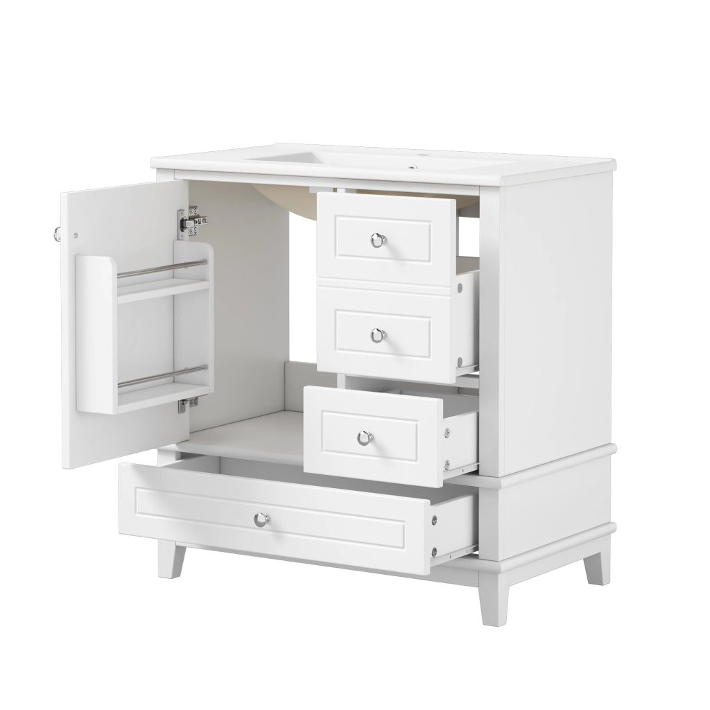 Mobile bagno a terra 81 cm con lavabo e 3 cassetti; in MDF e ceramica; bianco lucido