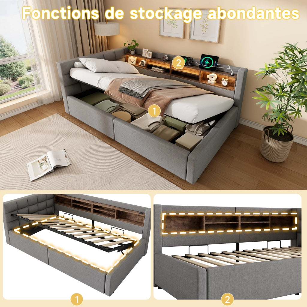 Letto contenitore 90x200 cm con LED dimmerabile; testiera con ripiano e prese USB; rivestimento in lino; grigio