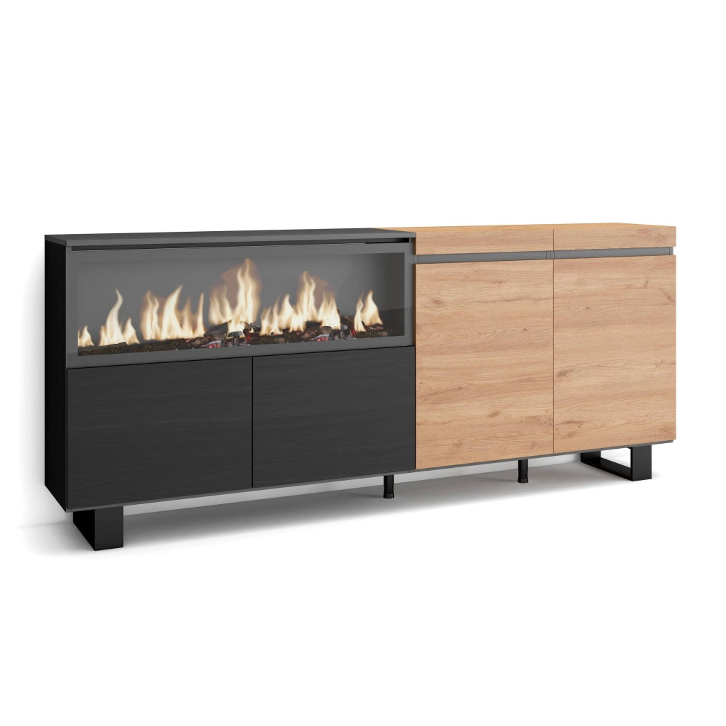 Credenza, Mobile, 208x35x87cm, 4 Porte, Camino elettrico XXL, Design industriale, colore Rovere e nero RF3222