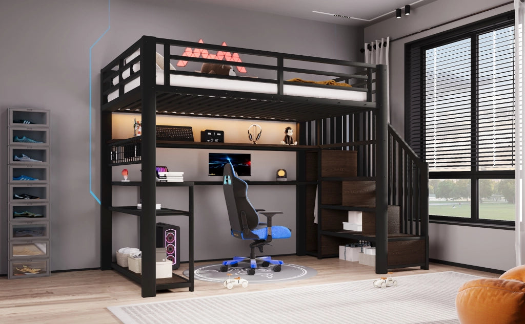 DESMIU Letto a soppalco 90 × 200 cm 1 posto con LED, scrivania, armadio e ripiano, senza materasso, nero