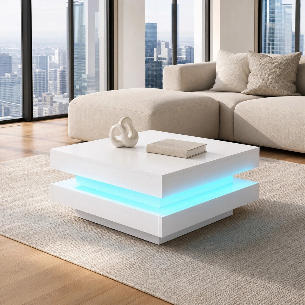TAVOLINO da caffè quadrato 70x70x36 cm bianco lucido con LED e piano girevole