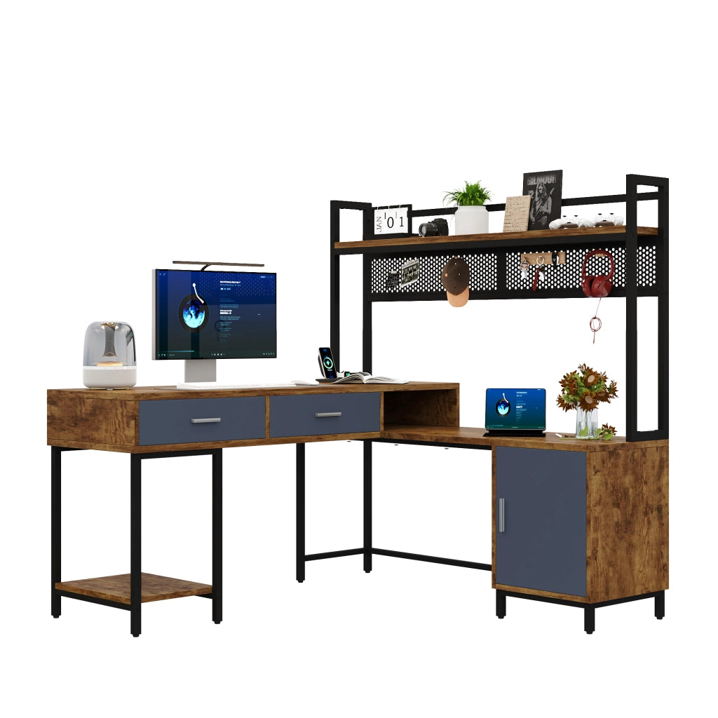 Scrivania angolare industriale 140x140x135 cm con cassetti e anta, struttura in MDF e metallo nero