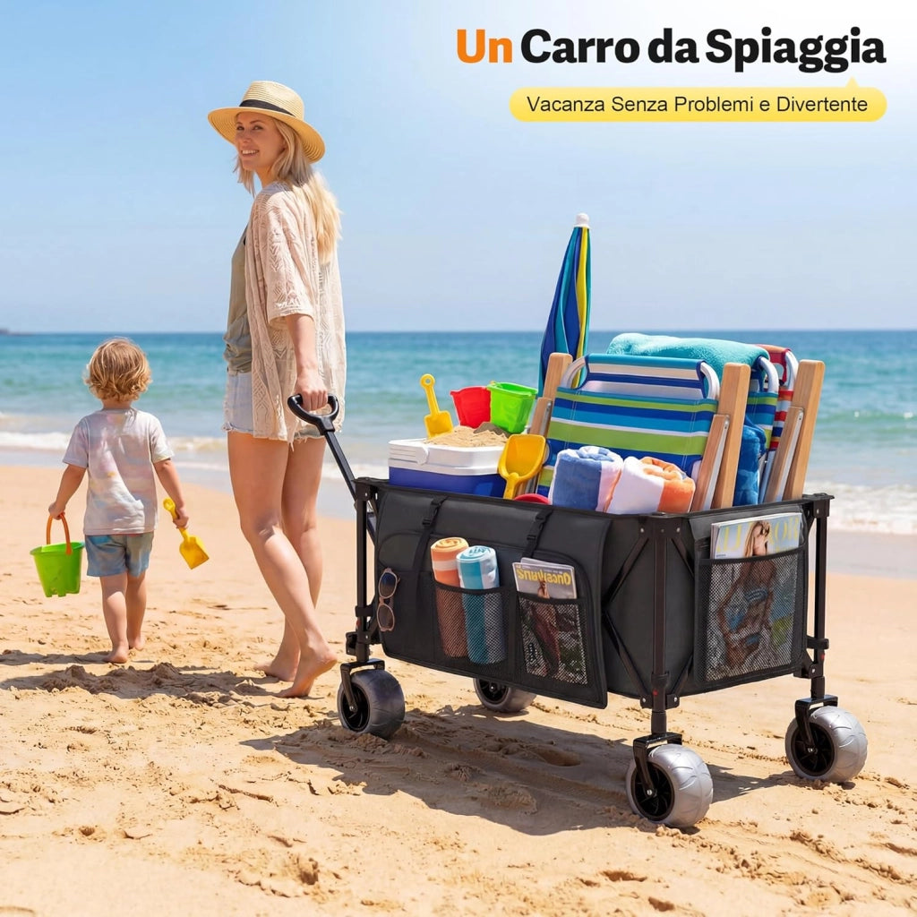 Carrello da Spiaggia Pieghevole 200L 150KG, Carrello Spiaggia per Tutti i Terreni con Ruote PU Extra Larghe 21.5x10cm, Carretto Pieghevole Maniglia Regolabile 90° per Spiaggia, Campeggio,Grigio
