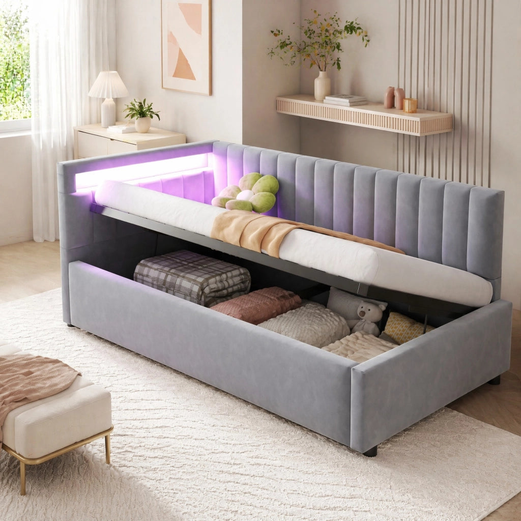 Letto imbottito 90x200 con LED, contenitore idraulico e rete a doghe