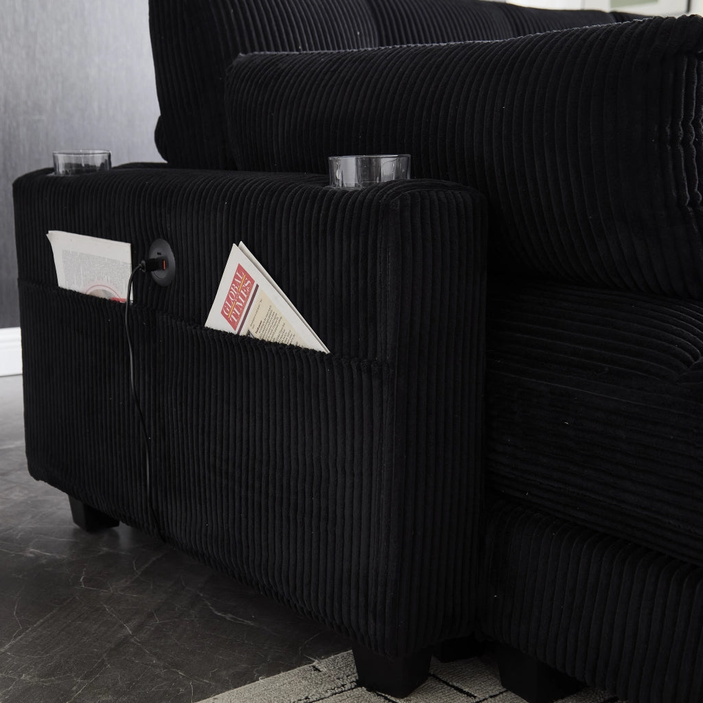 Divano modulare 2 posti - separabile con USB; portabicchieri e tasche - in velluto a coste - nero