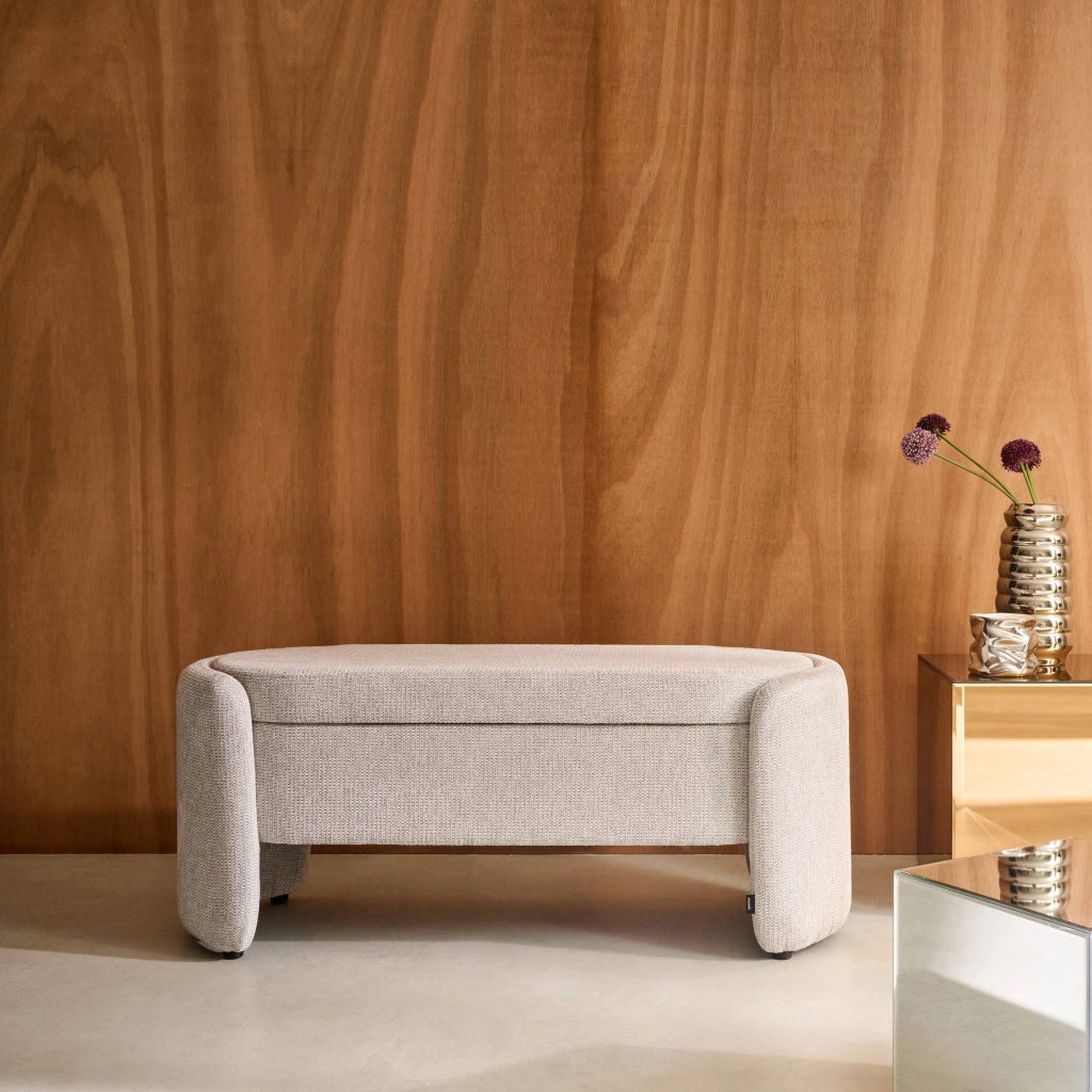 Panca contenitore, fondo letto contemporaneo in tessuto, grigio chiaro