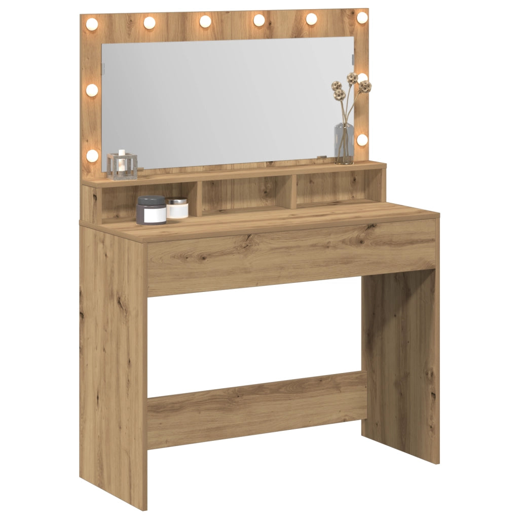 Tavolo per trucco con luci LED in rovere artigianale, 100x41x135 cm