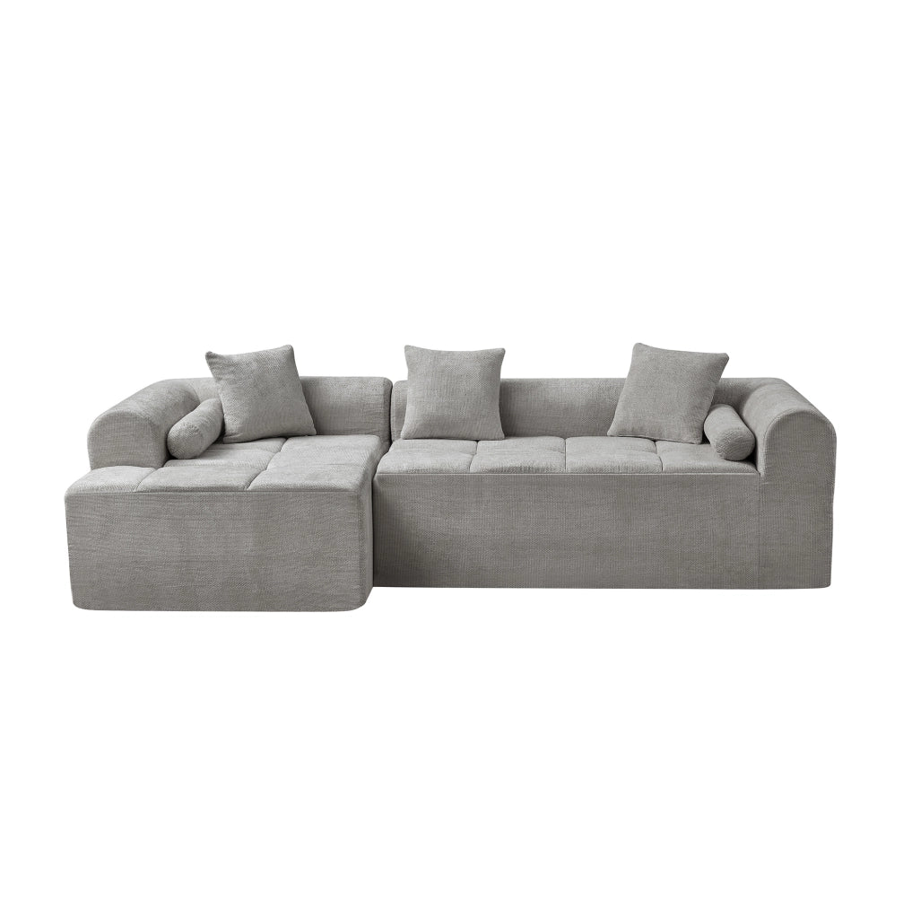 Divano angolare ULEVR 263x132,5x68 cm in tessuto chenille grigio chiaro con tasca laterale