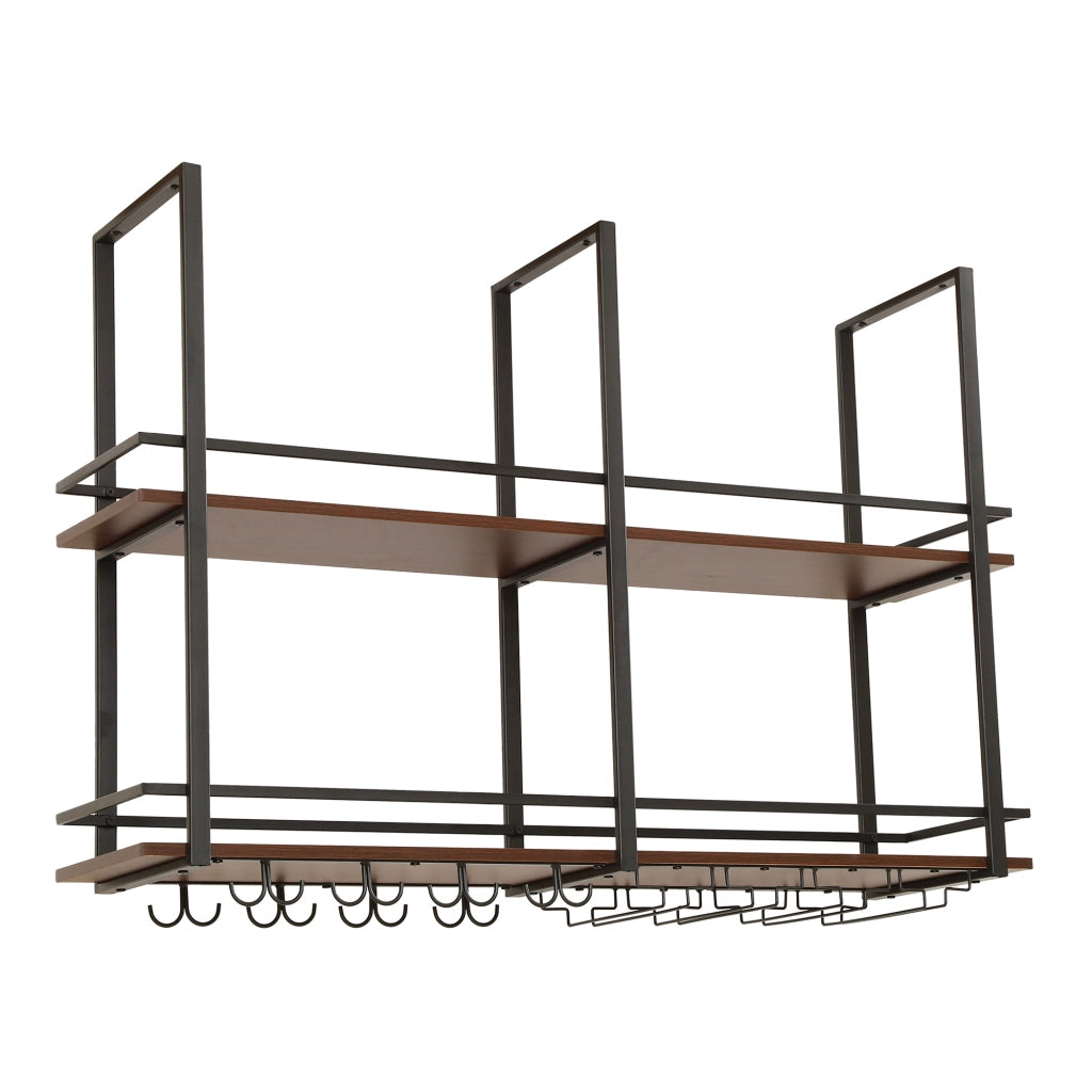 Portabottiglie Sospeso da Soffitto Hubro con Binari per Calici e Ganci per Tazze 120x30x85 cm Nero/Effetto Noce [en.casa]