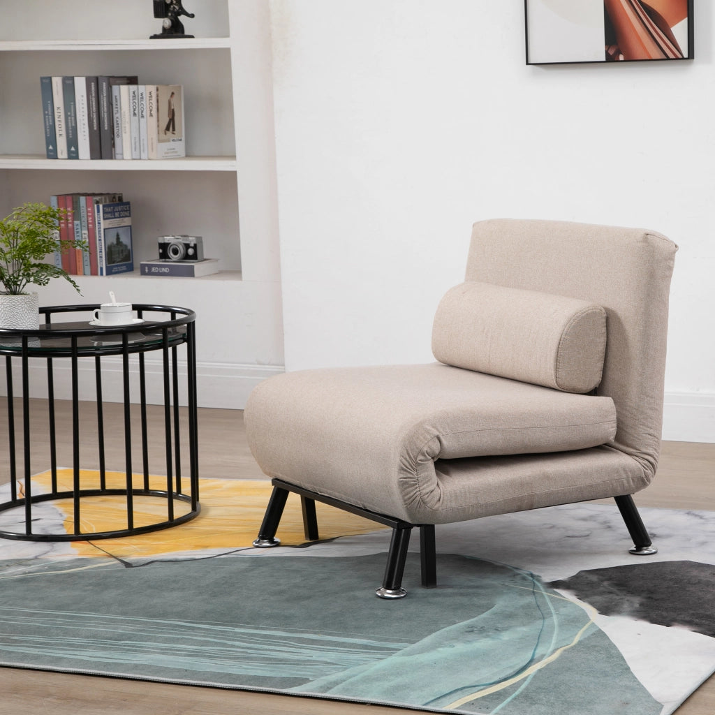 EasyComfort Poltrona Letto Singolo 3 in 1 con Schienale Reclinabile su 5 Livelli, Cuscino Imbottito e Materasso, Divano Letto Singolo Pieghevole per Soggiorno, in Acciaio, Lino, 75x70x75cm, Beige