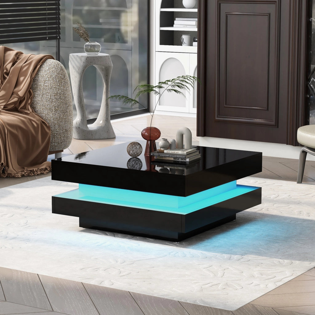 Tavolino da caffè quadrato con LED Bluetooth; 70x70x36 cm; truciolare nero