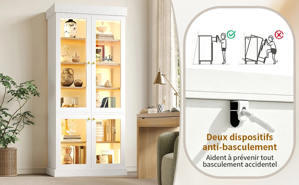 Armadio vetrina con LED multicolore, ripiani regolabili e antiribaltamento, per soggiorno, 160 × 40 × 180 cm