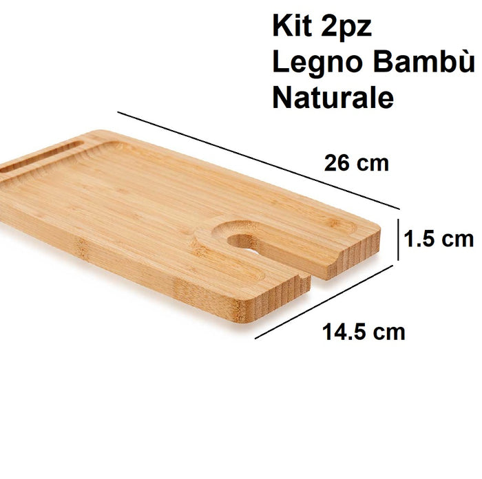 Vassoio Aperitivo Porta Bicchiere in Legno di Bambù 2pz 26x14cm Colore Naturale