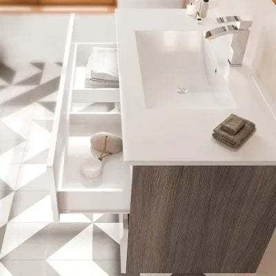 Mobile bagno sospeso 80 rovere grigio e bianco con lavabo e specchio  Eva