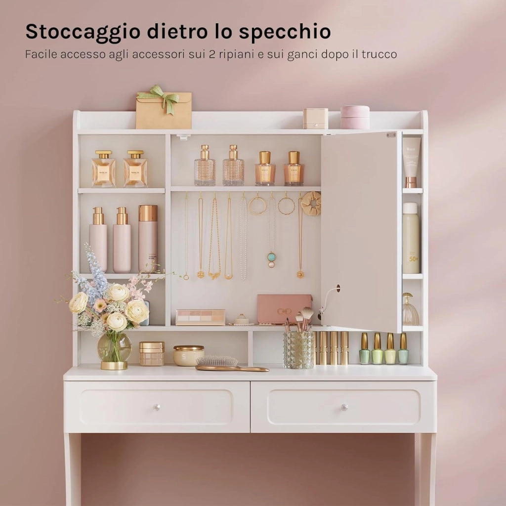 Toeletta Trucco con Specchio e Luce, Illuminazione Regolabile in 3 Colori, Postazione Trucco con 2 Cassetti, 8 Scomparti Aperti e Armadietto, per Camera da Letto, Cabina Armadio, Bianco