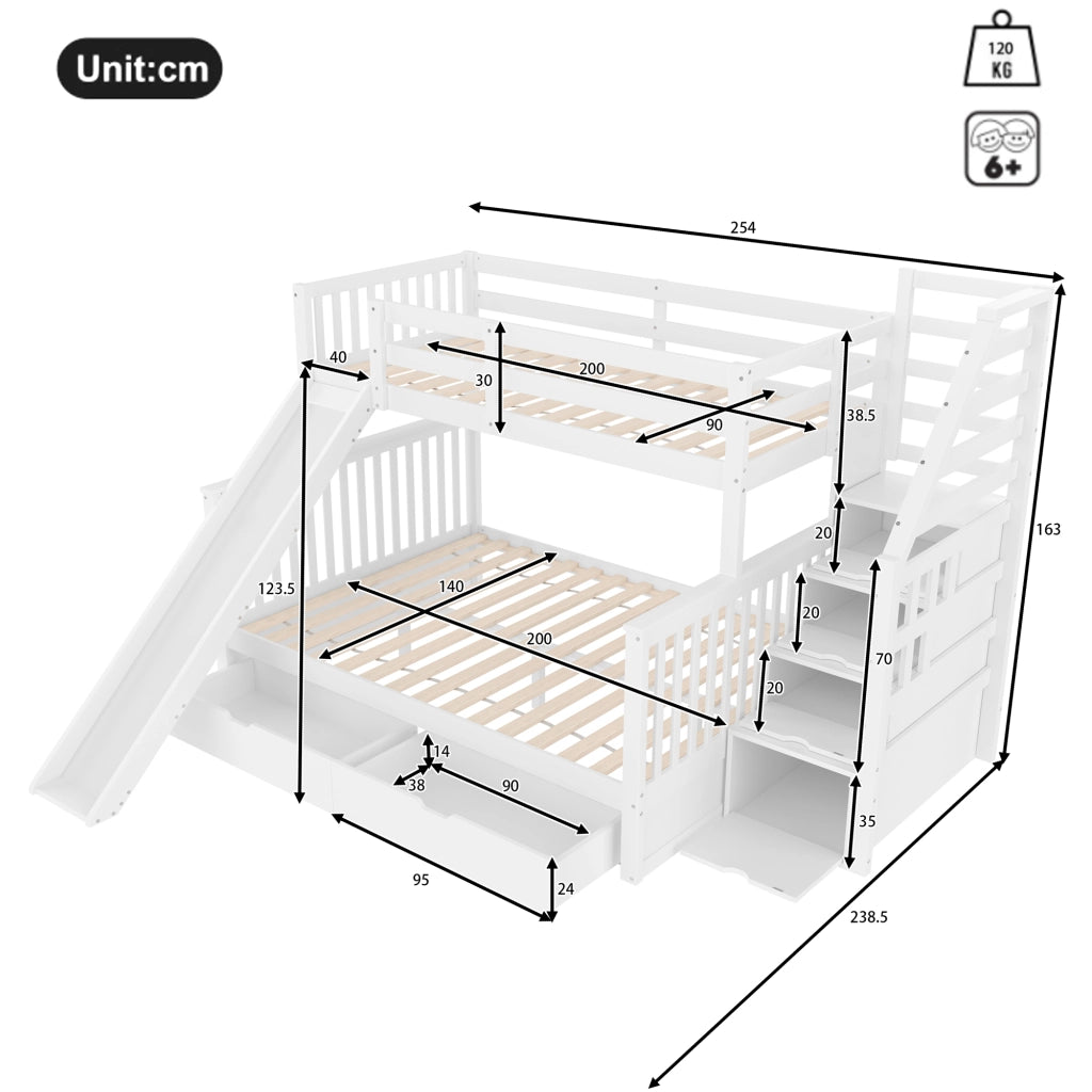 OKWISH Letto a Castello 90×200 cm e 140×200 cm, Letto 3 Posti con 2 Cassetti, Contenitore e Scivolo, senza Materasso, in Pino, Bianco