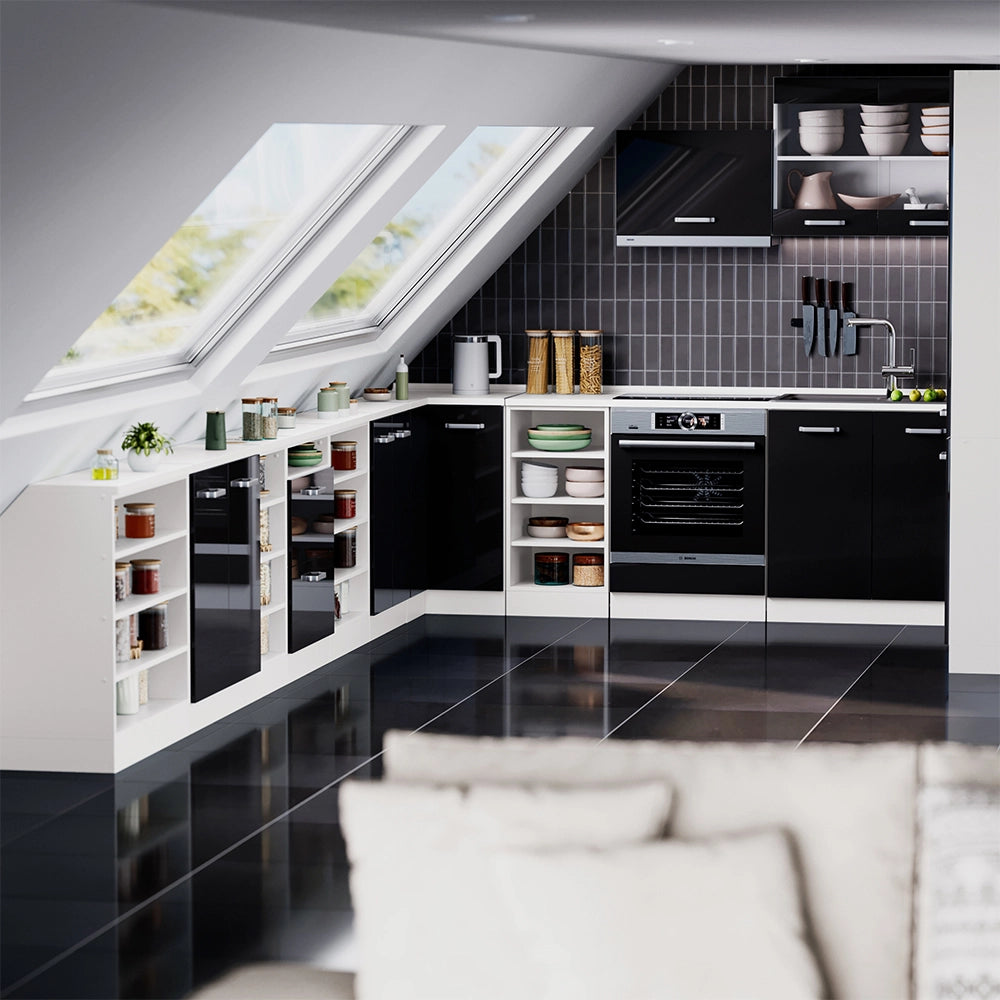 Mobile cucina sottotetto R-Line Nero lucido/Bianco 210 cm Set di 5 carcasse armadio profondità 60 cm Vicco
