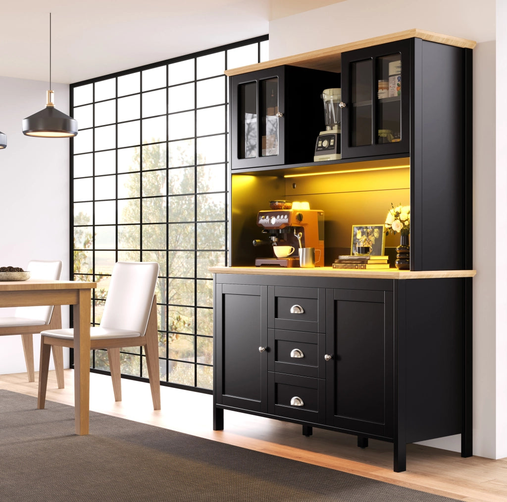 Credenza alta con LED, 4 ante e 3 cassetti, 120x40x179 cm