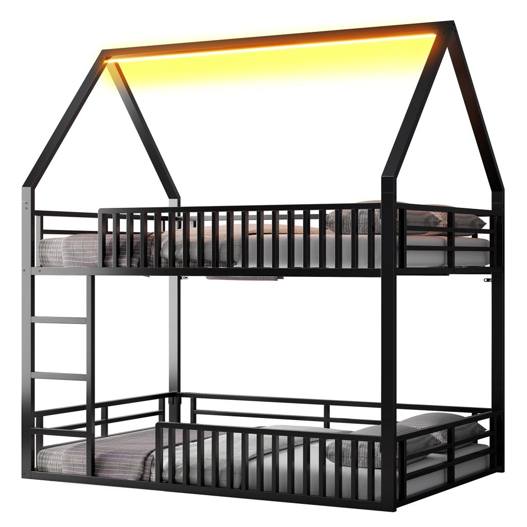LETTO A CASTELLO 140x200 cm Nero in metallo con LED e 2 pacchi