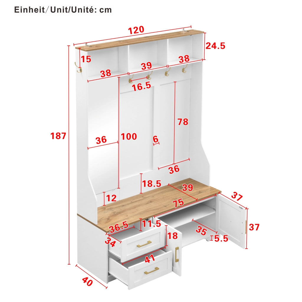 Mobile Ingresso con Specchio; LED; Ganci; Ante e Cassetti; Stile Moderno; in MDF; 120??40??187 cm; Bianco e Legno