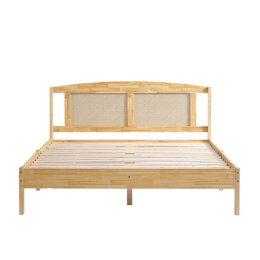 Letto matrimoniale in legno di pino e rattan - Xylo - 160x200cm - Naturale - 15 doghe e piedi centrali