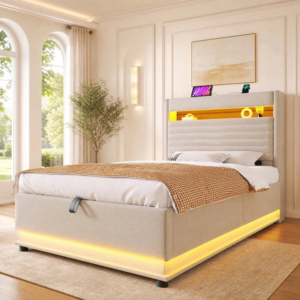 Letto imbottito 90x200 cm con LED, USB-C e vano contenitore