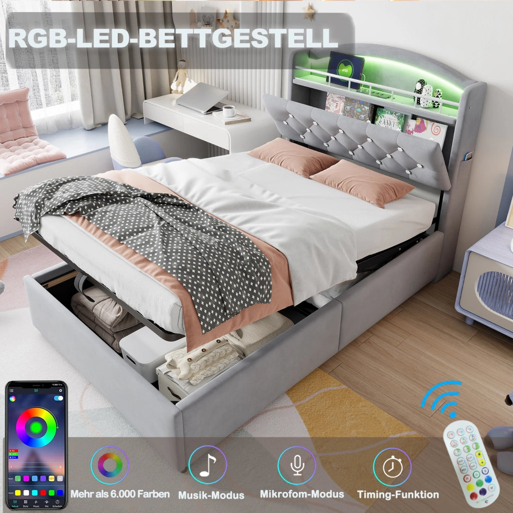 OKWISH Letto con Contenitore 90×200 cm, Letto Singolo con LED Regolabile, USB, Type C e Vano Contenitore, senza Materasso, Grigio