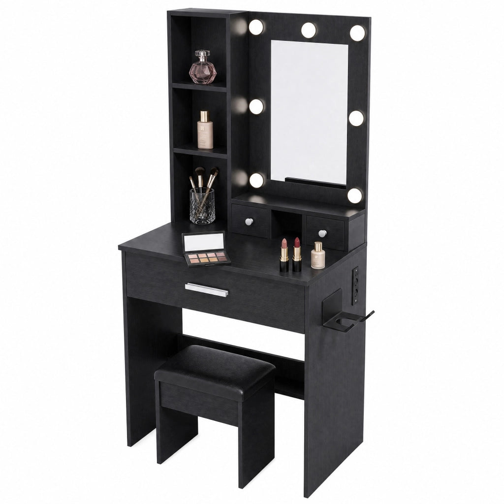 Toeletta nera in MDF con specchio LED, presa e sgabello