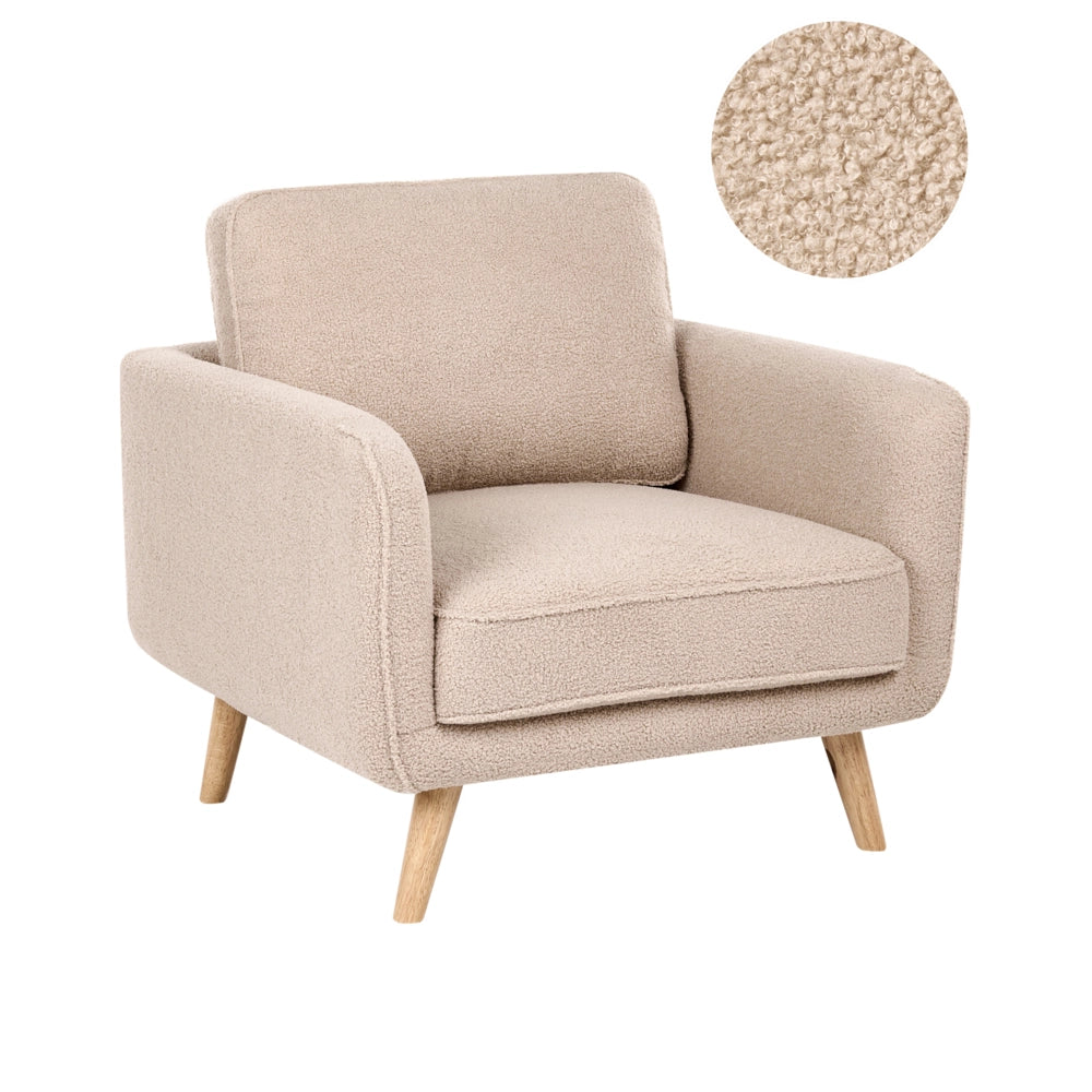 Poltrona beige in bouclé con gambe in legno di quercia stile tradizionale per soggiorno