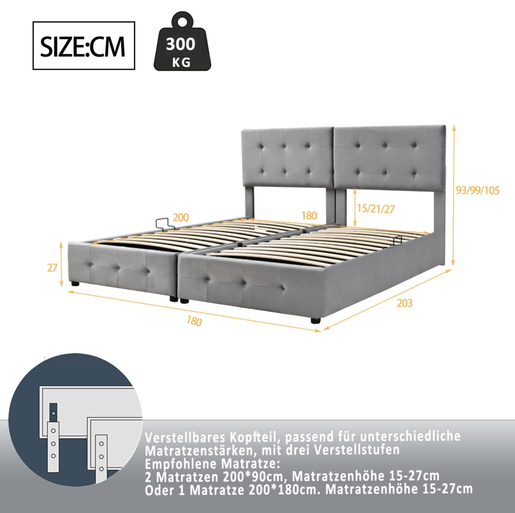 Letto imbottito 180x200 cm grigio in velluto con contenitore idraulico