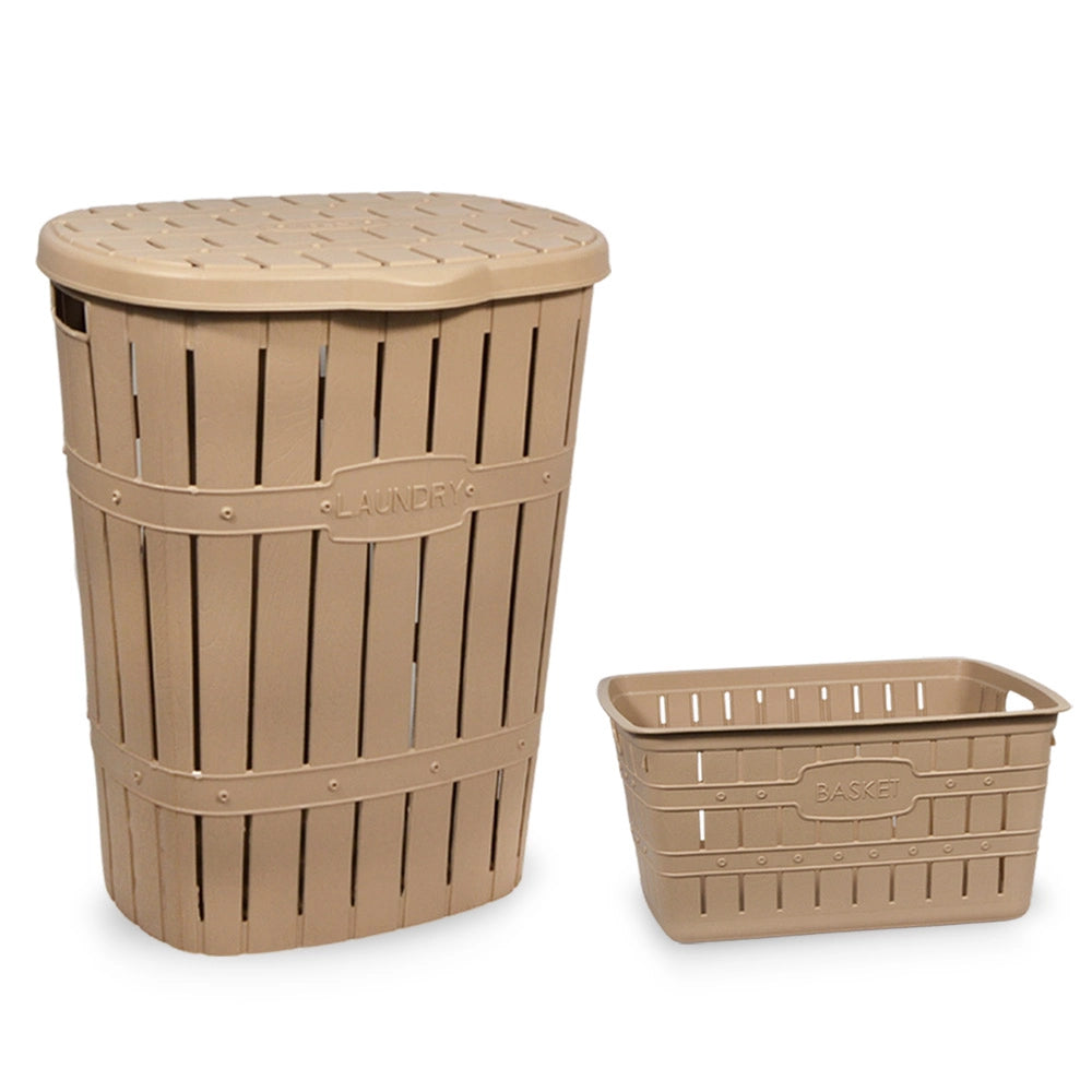 Cestone portabiancheria con coperchio e cesta coordinata effetto legno beige