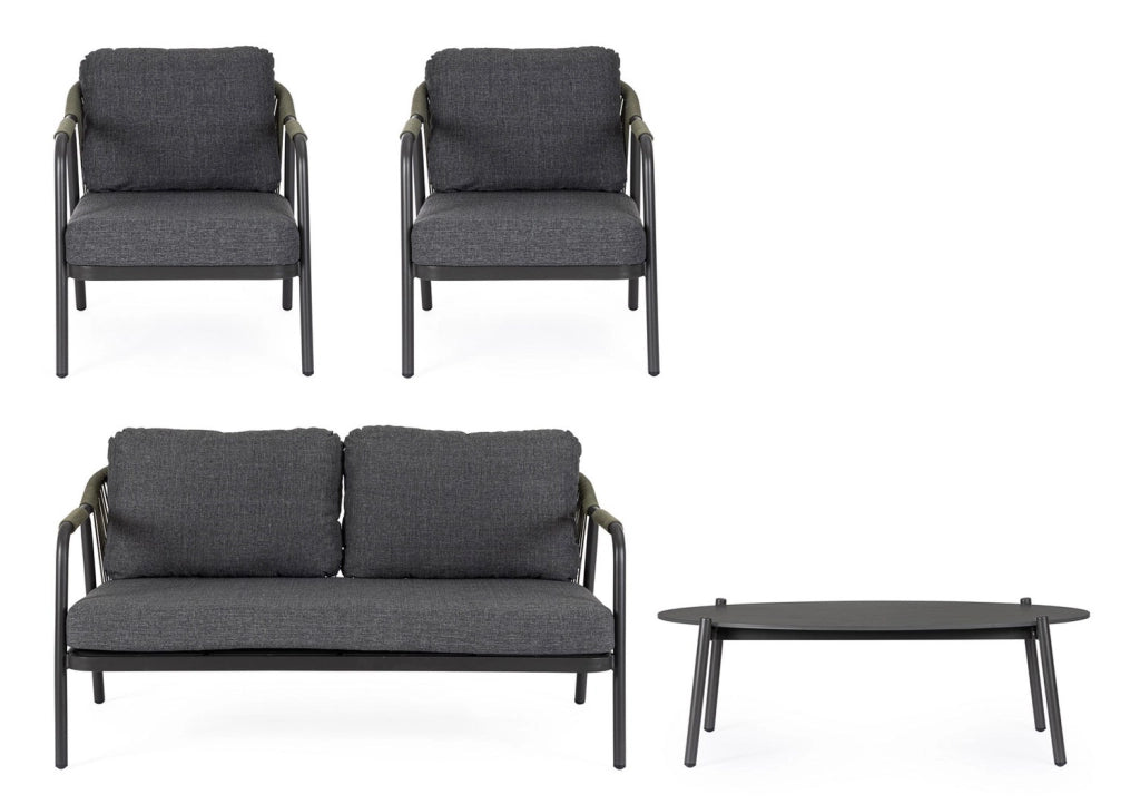 Set 4 Pezzi Salotto da Giardino con Divano 2 Poltrone e Tavolino in Alluminio Corda Poliestere e Pietra Sinterizzata