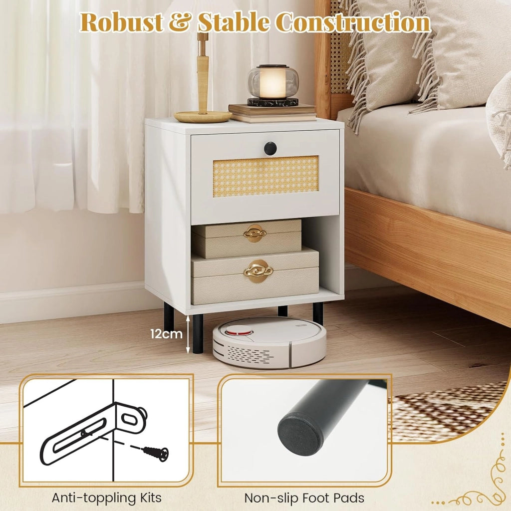 Comodino Camera da Letto con Cassetto Ampio, Scomparto Aperto e Gambe in Metallo, Mobile Laterale con 2 Dispositivi Antiribaltamento, Struttura Elegante per Libri (40 x 30 x 52 cm,1)